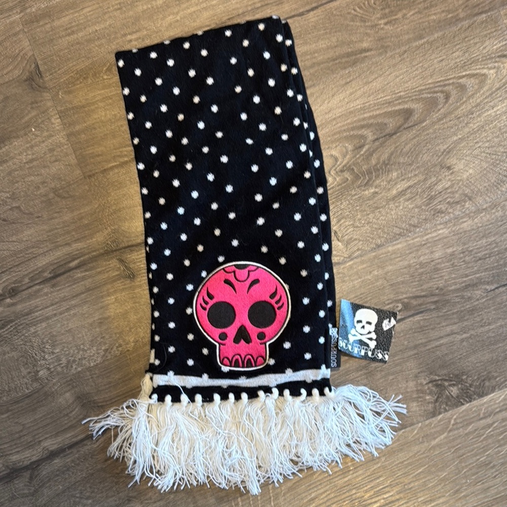 Sourpuss Black and White Polka Dot Scarf with Pink Skull